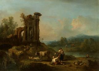 Landscape with Classical Ruins, Cattle and Figures