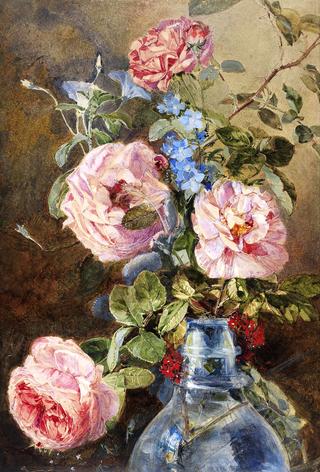 Roses, Convolvulus and Delphiniums in a Glass Vase