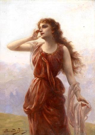 A young woman in red with a longing gaze
