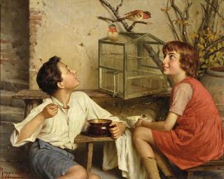 Two Children with a Birdcage
