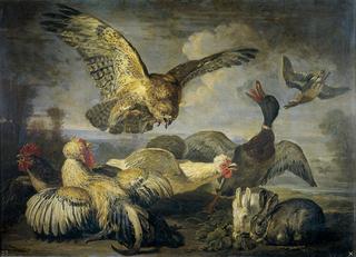 Poultry and rabbits attacked by a bird of prey