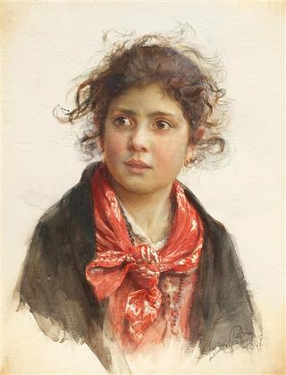 Portrait of a Shy Girl in a Red Kerchief and Tousled Curls