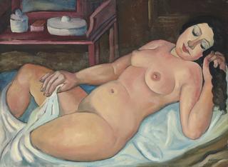 Nude lying down holding her Hair