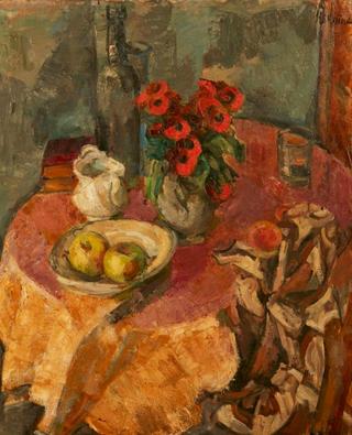 Bouquet of poppies and plate of apples