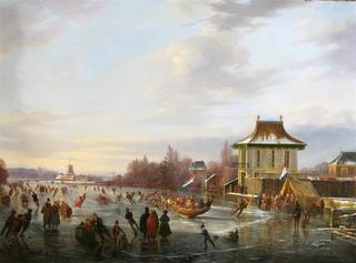 Extensive Winter Landscape with Numerous Figures on a Frozen Lake by a Pavilion