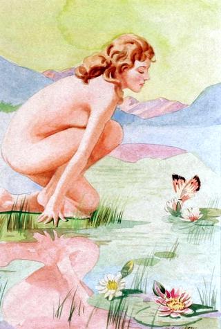Kneeling Nude By Reflecting Pond