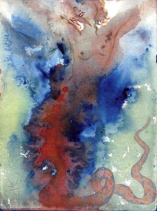 One Thousand and One Nights 'Oiseau serpente picorant une femme nue sur fond bleu"