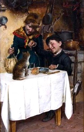 Interior scene with children & cat