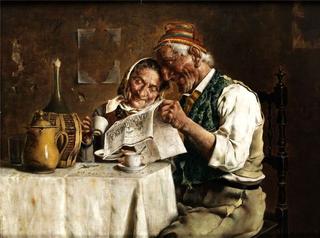 Elderly couple reading the newspaper