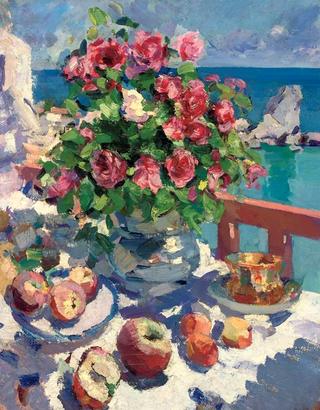 Still life with roses and fruit