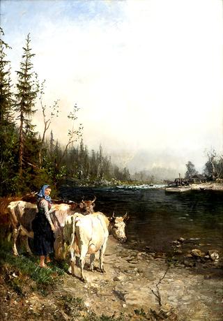 Milkmaid with Cows by Riverbank