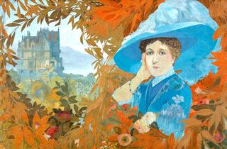 Femme au chapeau bleu devant un château