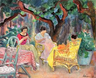 Three Women Sewing in a Garden
