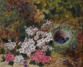 Flowers and Bird's Nest by a Mossy Bank