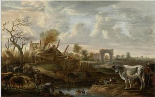 Lanscape with farmhands and livestock at a stream, farm buildings beyond