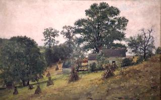 Log Cabin and Corn Shocks at