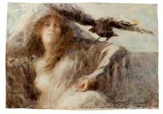 Young woman with a crow on the shoulder