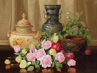 Tabletop still life with roses and several vases