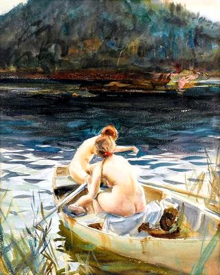 Two women in a rowboat