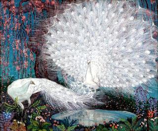 White Peacocks and Cherry Blossoms