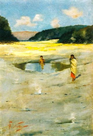 Maori children bathing in Hot Pools, Rotorua