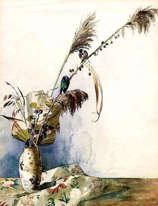 Japanese vase with fan, reeds and two birds