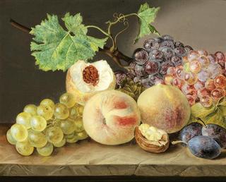 Still life with peaches, grapes, plums and walnut