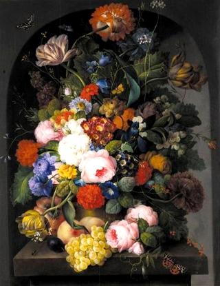 Still life with roses, tulips and poppy