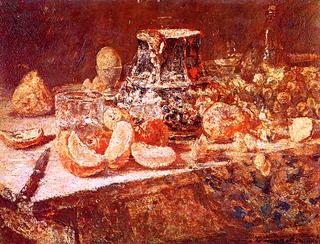 Still Life, Fruit and Large Colored Pitcher