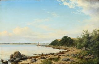 Coastal scene with Sail Boat and Clouds