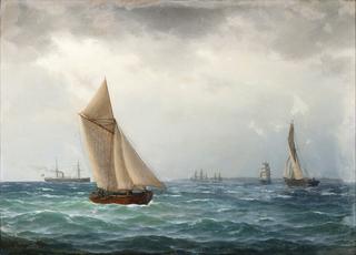 Sailboats and Steamer at Sea