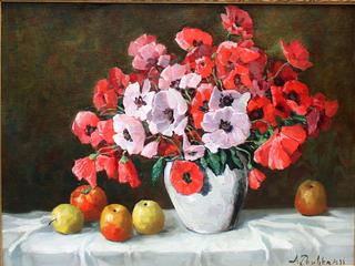 Still life with poppies and apples