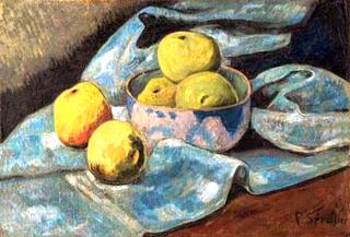 Composition aux pommes et au torchon bleu