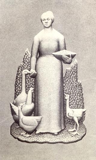 Woman Tending Goose and Chickens
