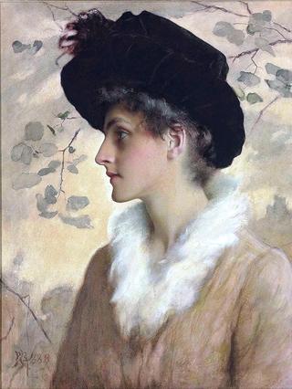 Portrait of a lady, wearing a black hat and fur stole