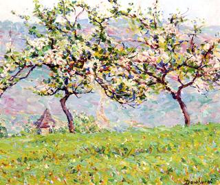 Blossoms with Church in Valley