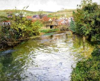 Farmhouses on the banks of a stream