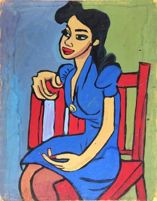 Woman in Blue Dress in Red Chair