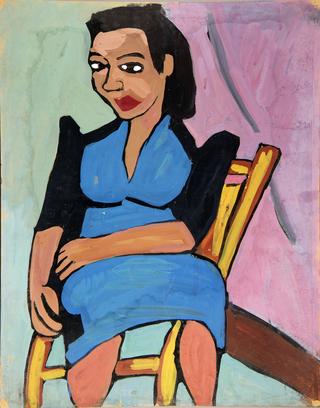 Seated Woman in Blue and Black Dress