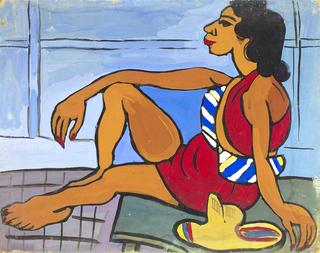 Seated Women in Red Playsuit
