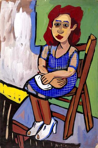 Seated Woman with Red Hair and Blue Dress