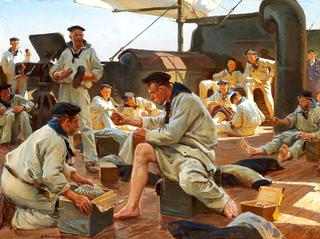 Conscripts of the Royal Danish Navy, mending their summer uniforms