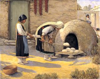 妇女烤面包