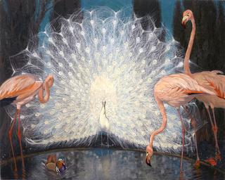 White peacock and pink flamingos, 1925