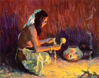 Indian Brave Kneeling Before the Firelight