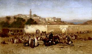 摩洛哥丹吉尔城墙外的集市日