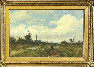 Shepherd with Windmill and Church