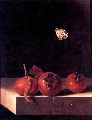Still Life with Three Medlars and a Butterfly