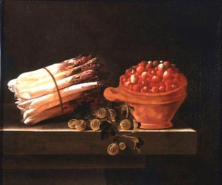 Asparagus, Gooseberries and Strawberries on a Stone Ledge
