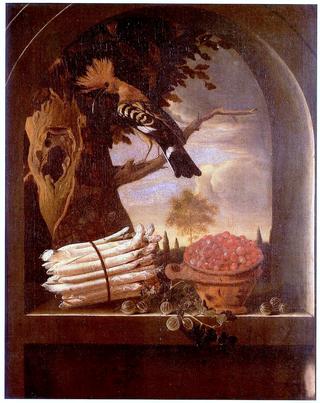 Asparagus, Gooseberries and Strawberries in a Window, with a View of a Bird in a Tree